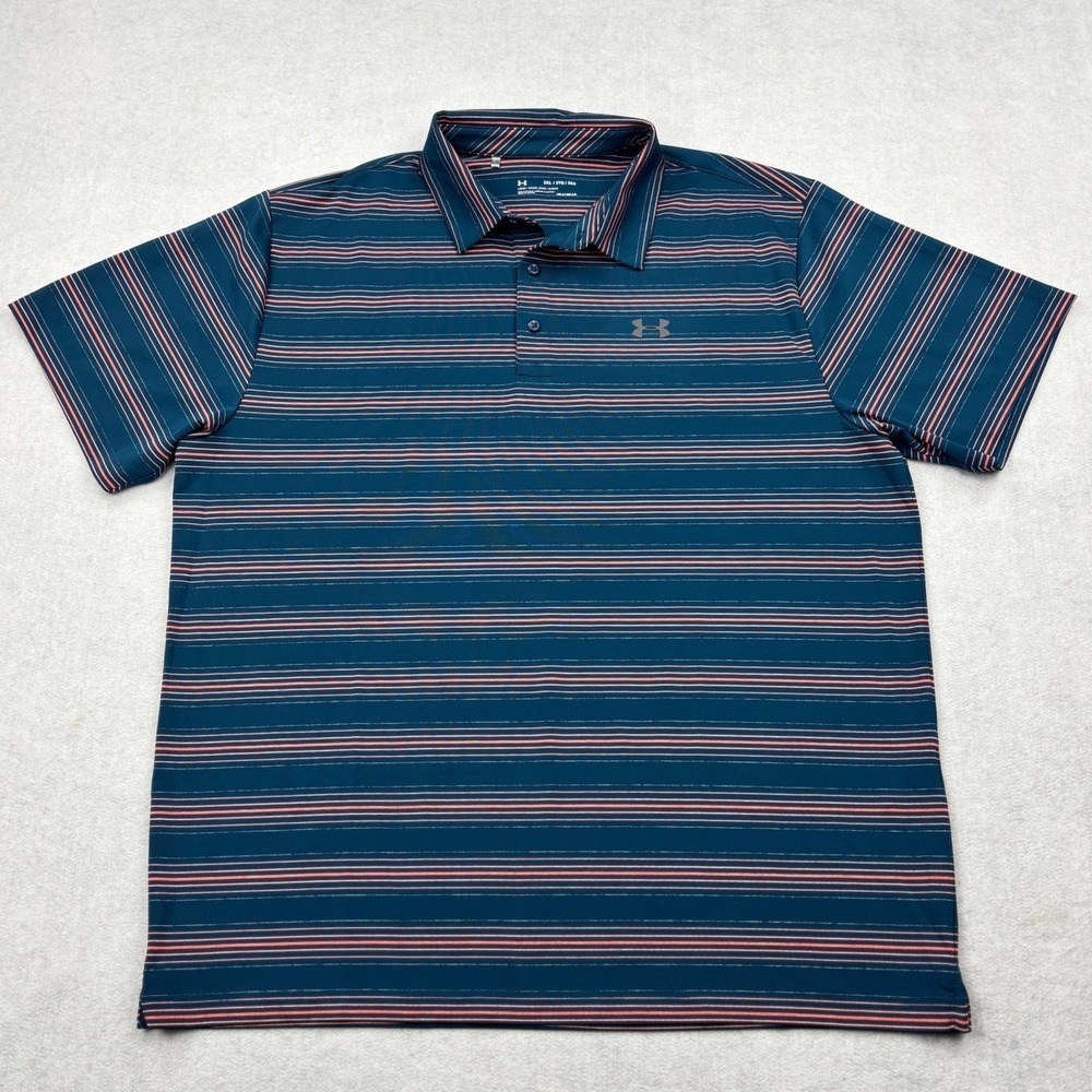Under Armour Golf Polo Shirt Mens 2XL Blue Orange Striped HeatGear Loose Fit XXL